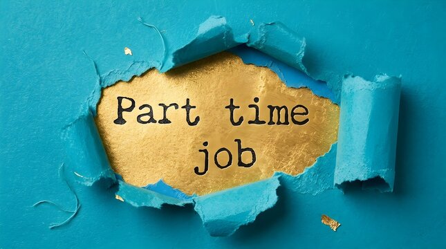Employment opportunity concept showing a part time job message revealed through a torn blue paper background with copy space