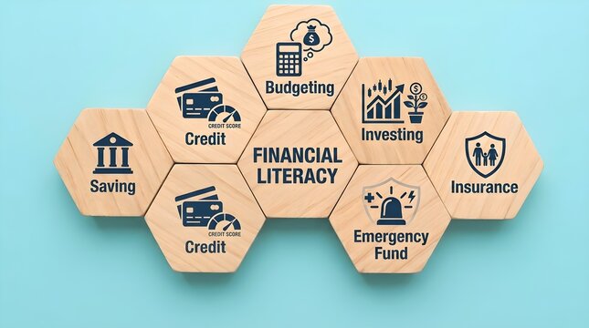 Financial management concept depicted through wooden hexagonal blocks highlighting diverse personal economic strategies on a flat blue background