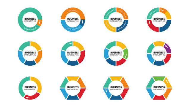 Graphic set of colorful circular and hexagonal business infographic elements with infographic circular hexagonal business presentation template flowchart strategy management corporate