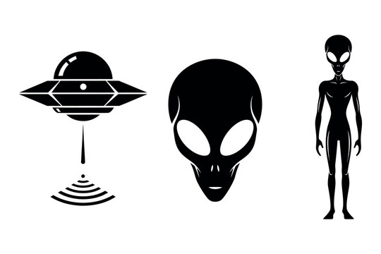 Alien invasion a silhouette collection of ufo alien head and grey alien figure
