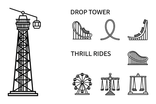 Amusement park thrill rides sketch drop tower roller coaster ferris wheel and swings