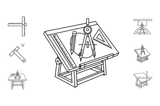 Architectural drafting tools and equipment a detailed line drawing collection