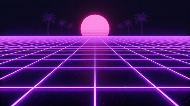 Modern Synthwave Grid Background Neon Sun Stock Image With Professional Lighting and Copy Space