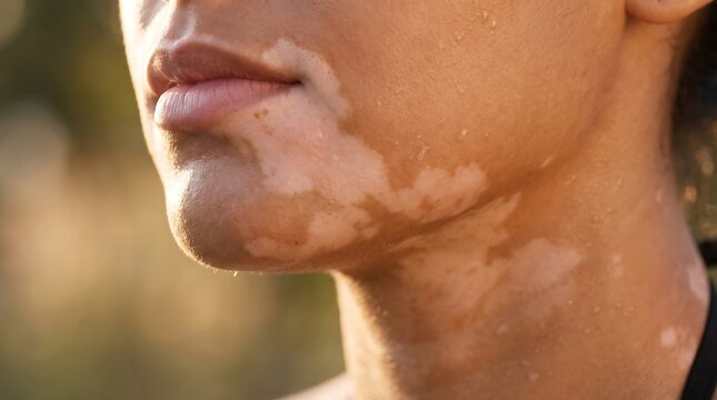 Woman with vitiligo closeup portrait on chin and neck with sweat drops in sunset light for health and wellness banner.