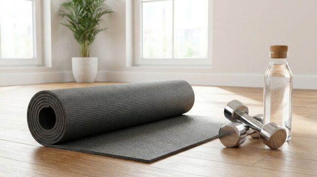 Modern Home Fitness Yoga Mat Stock Image With Professional Lighting and Copy Space