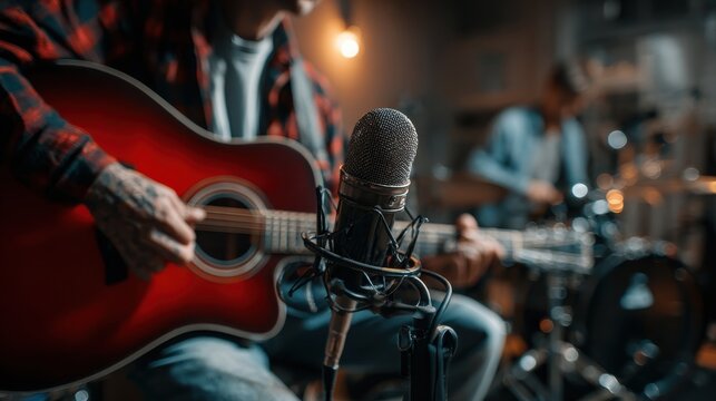 People, band and music practice with singer, microphone and electric guitar for concert rehearsal at home. Musician group, vocal training and recording song, track and audio with team work in garage