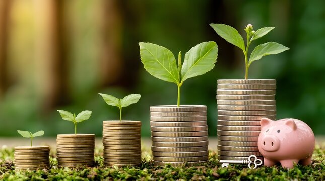 Stacks of coins with growing plants and a piggy bank symbolizing financial growth investment and savings concept