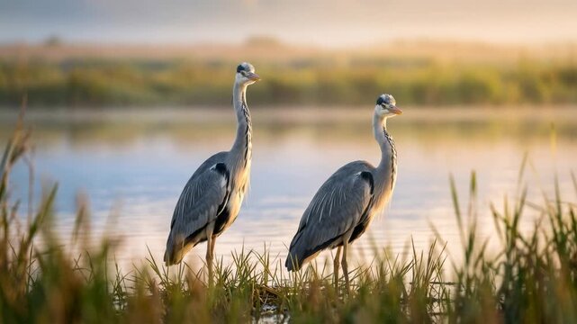 two grey heron close up at morning light in camargue wetland france video