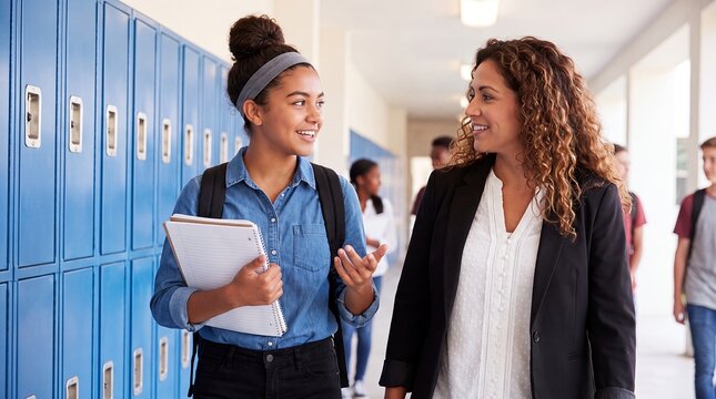 teacher student counseling school hallway education mentoring teenager guidance support Female educator advises a teenage girl beside lockers for trusted relationships wellbeing and success programs