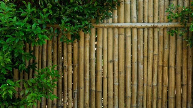 bamboo fence and green leaves , tropical welcome board banner background 