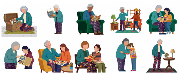 Set of grandmother and granddaughter sharing comic books and memories across generations, flat vector illustration