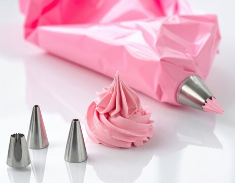 Pink frosting elegantly piped with metal tips and a pastry bag