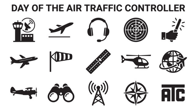 Air traffic controller icon set for International Day of the Air Traffic Controller, 15 black aviation vector symbols, ATC flight management graphics