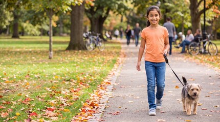 Fototapeta premium Young girl walking small dog on a tree-lined park path covered with autumn leaves, bicycles and people visible in the background