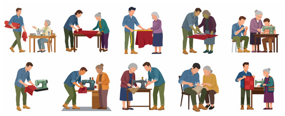 Set of people sewing and tailoring, young man learning craft from grandmother, flat vector illustration isolated on white background.