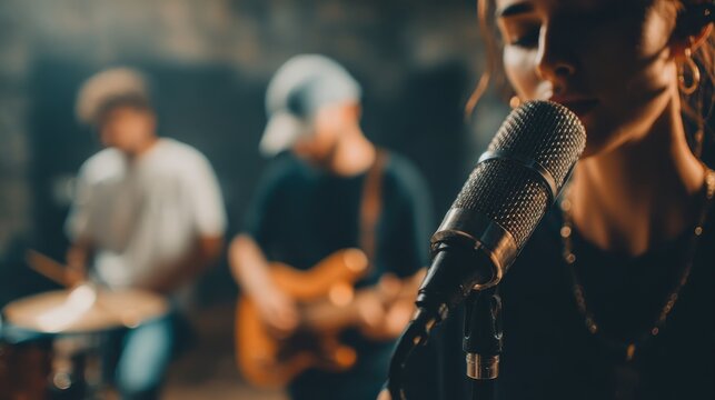 People, band and music practice with singer, microphone and electric guitar for concert rehearsal at home. Musician group, vocal training and recording song, track and audio with team work in garage