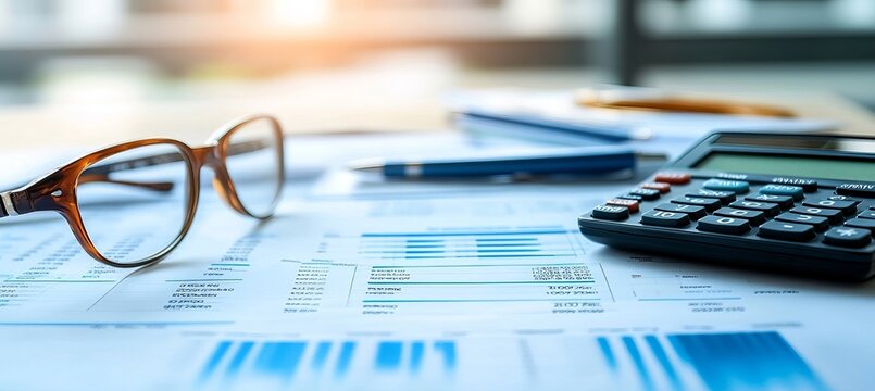 Professional Financial Accounting Workspace with Business Documents and Calculator for Data Analysis