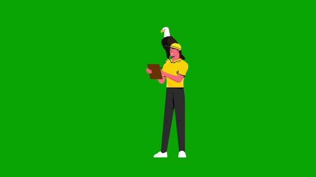 Cartoon Men Zoologist with Bald Eagle on Shoulder on Green Screen Animation