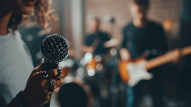 People, band and music practice with singer, microphone and electric guitar for concert rehearsal at home. Musician group, vocal training and recording song, track and audio with team work in garage