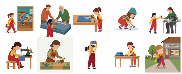 Fototapeta premium Set of flat illustrations of a young girl learning tailoring, sewing, and fabric crafting skills with adults in a workshop