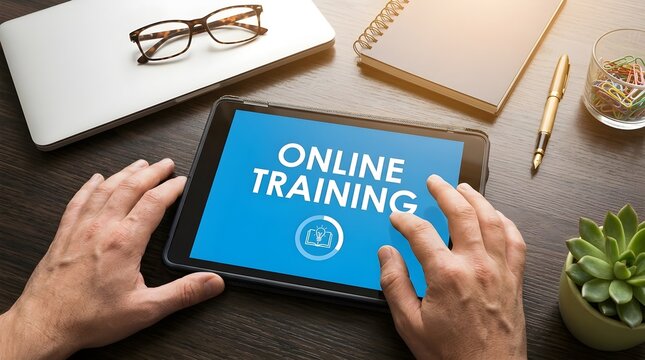 Hands holding a digital tablet with online training on screen on a wooden desk with office supplies