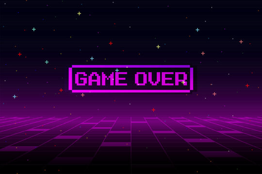 Game Over, Retro games for game assets in retro futuristic sci-fi background vector illustration. Glowing neon from an old arcade.	