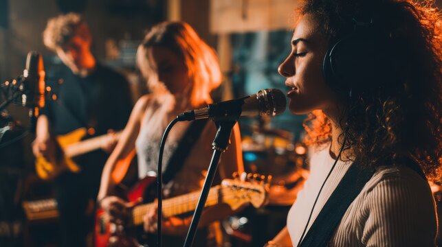 People, band and music practice with singer, microphone and electric guitar for concert rehearsal at home. Musician group, vocal training and recording song, track and audio with team work in garage