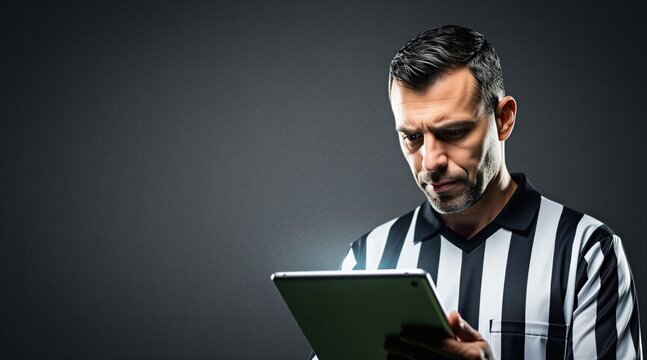 Pro referee checks modern tablet device during sports game match. Serious official watches video replay on screen for fair play decisions. Man wears striped black white uniform shirt. Focus on