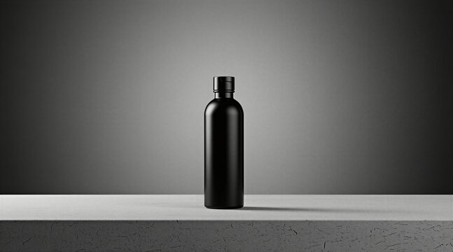 Black matte bottle on grey surface for product branding design. Empty skincare container stands for luxury cosmetic identity. Modern sleek presentation mockup plain background. Clean minimalist pro