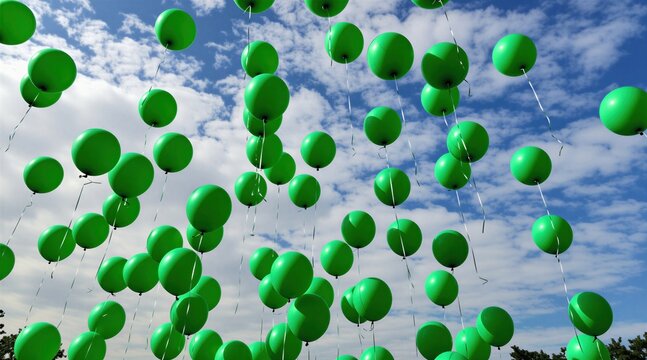 Many bright green balloons fly up into blue cloudy sky. Rubber spheres float high in air during festive outdoor event. People release bunch of colorful objects for celebration party. Summer vacation