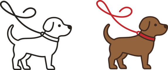 Fototapeta premium Cute cartoon puppy dogs with leashes standing in profile