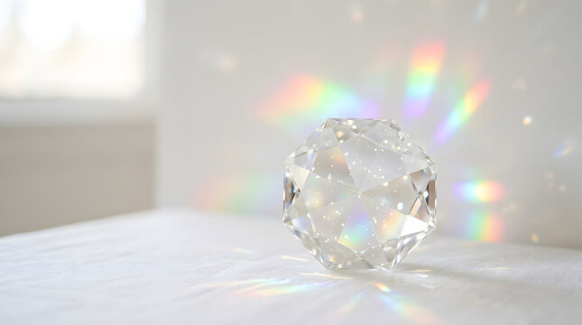 Clear crystal prism refracting rainbow light spectrum. Optical glass gemstone dispersing vibrant color wavelengths on white surface.