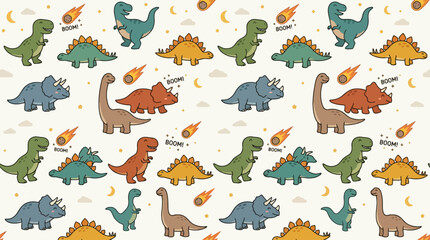 Cute cartoon dinosaur pattern with various prehistoric creatures and meteorites. © zxnakwkwown