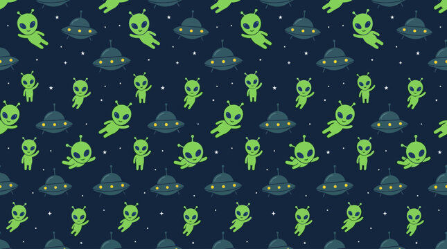 Cute cartoon green alien pattern with flying saucers in space.