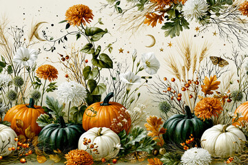 Obraz premium Autumn Floral Pumpkin Botanical Pattern – AI Generative