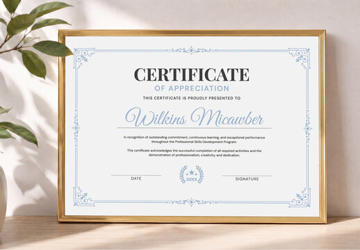 Elegant Certificate of Appreciation Template with Classic Blue Ornamental Border