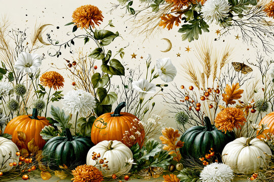 Autumn Floral Pumpkin Botanical Pattern &ndash; AI Generative