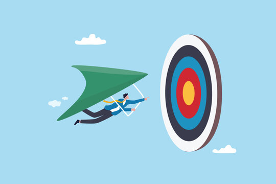 Success strategy, direction to achieve business target or planning goal, objective or motivation aiming to complete mission, winner efficiency, businessman flying in the direction reach target goal.