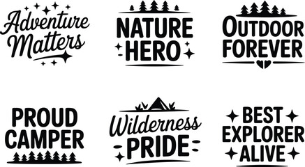 Obraz premium Vintage Adventure Badges, 6 Outdoor Camping Logos, Retro Wilderness Vector Set Editable Vector