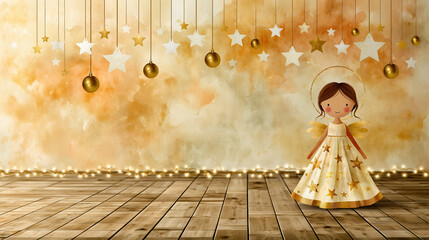 Obraz premium Cute Christmas Angel Watercolor Background – AI Generative