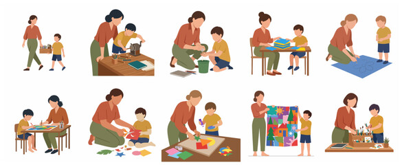 Collection of Mother and Son Creative Arts and Crafts Activities Set for Early Childhood Education and Homeschooling Flat Vector Illustration