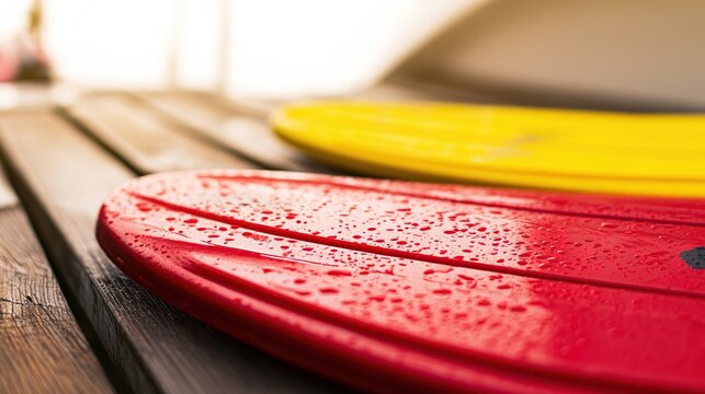 Red and yellow waterskis bottom-up on wooden dock with warm sunlight and water droplets, outdoor product photography