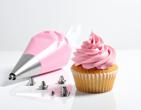 Pink frosting bag, cupcake with pink swirls, and decorating tips