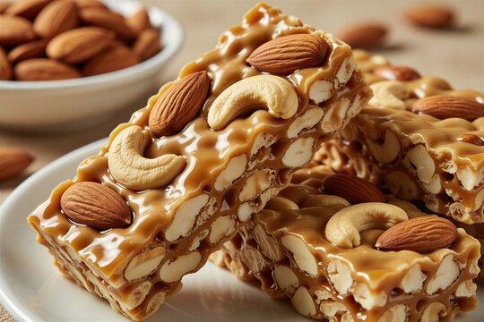 Macro shot of sweet mawa chikki bars with roasted almonds, cashews. Creamy beige fudge pieces glossy caramel coating in warm light. Healthy nutty snacks sit on white plate. Traditional indian