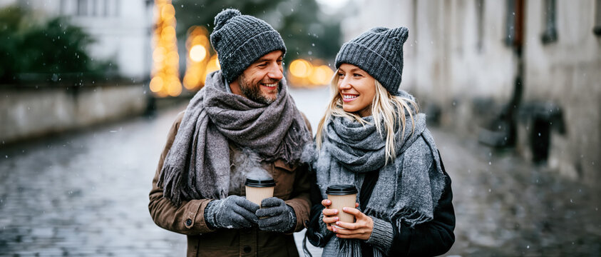 Young Couple Walking with Hot Coffee on Winter City Street &ndash; AI Generative, No Real Persons