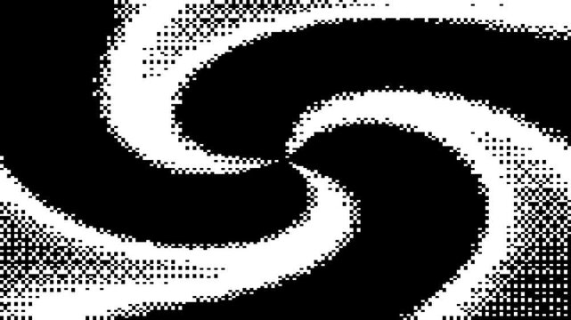 Abstract Monochrome Triple Spiral with Dithered Halftone Texture on Black Background, Digital Pixel Art Vortex Design