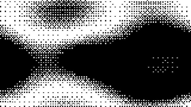 Abstract Monochromatic Halftone Background Featuring White Pixel Clusters on Solid Black Backdrop