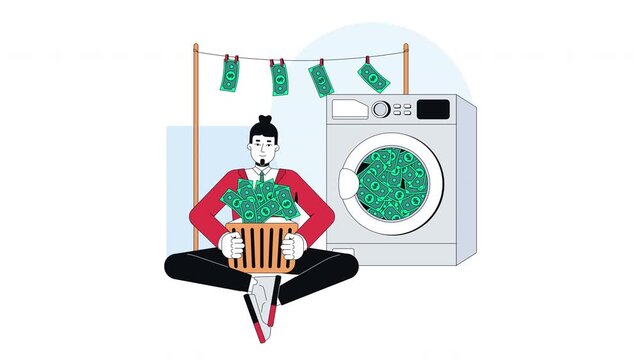 Money laundering 2D animation. Illegal funds. Financial crime. Businessman washing dirty cash to clean and dry animated character cartoon flat concept metaphor 4K video on transparent background