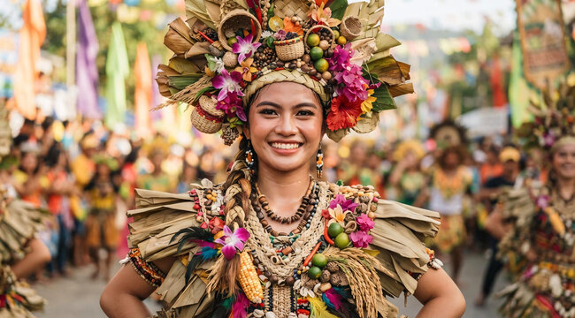 Smiling festival participant wearing an elaborate botanical harvest costume and decorative headdress.