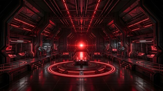 Hightech command center interior with red lighting and control consoles